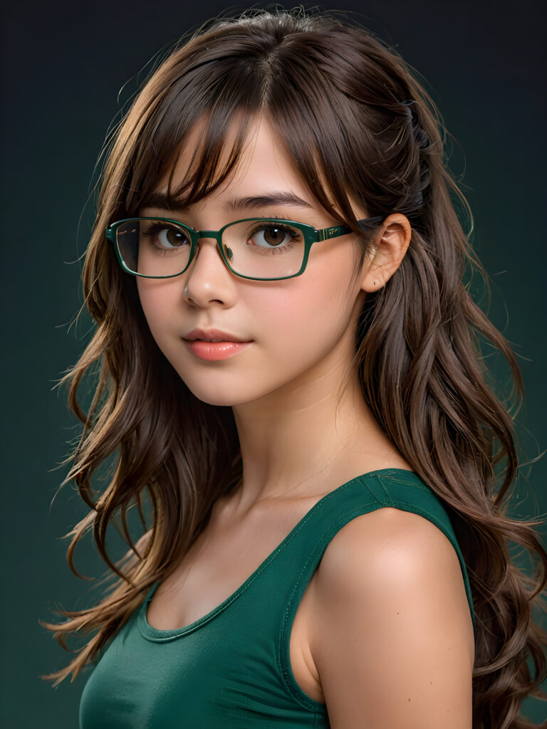 a cute nerd girl with long, brown shoulder-length jet soft flowing hair, wearing a large, dark green prescription glasses. She has bangs that are parted to the side. Her eyes are dark brown. She wears a short form-fitting cropped green tank top that support and emphasizes her perfect body, ((dark background)) ((gorgeous)) ((stunning)) ((perfect portrait))