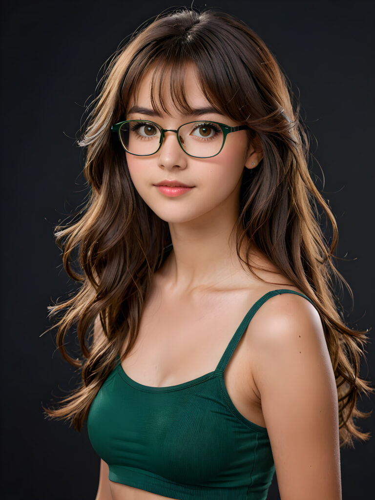 a cute nerd girl with long, brown shoulder-length jet soft flowing hair, wearing a large, dark green prescription glasses. She has bangs that are parted to the side. Her eyes are dark brown. She wears a short form-fitting cropped green tank top that support and emphasizes her perfect body, ((dark background)) ((gorgeous)) ((stunning)) ((perfect portrait))