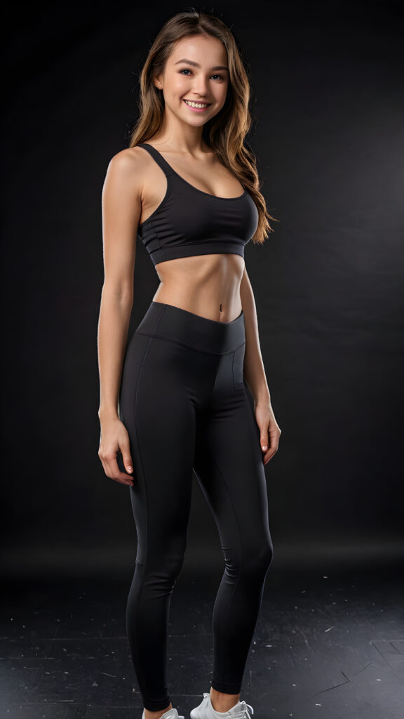 a cute teen girl, perfect realistic curved body, ((babe)), ((gorgeous)), ((stunning)), ((slender)), ((fit body)), (((low-cut) fitness crop top)), ((legging pants)), smile very happy, ((perfect photo)) ((empty dark background))