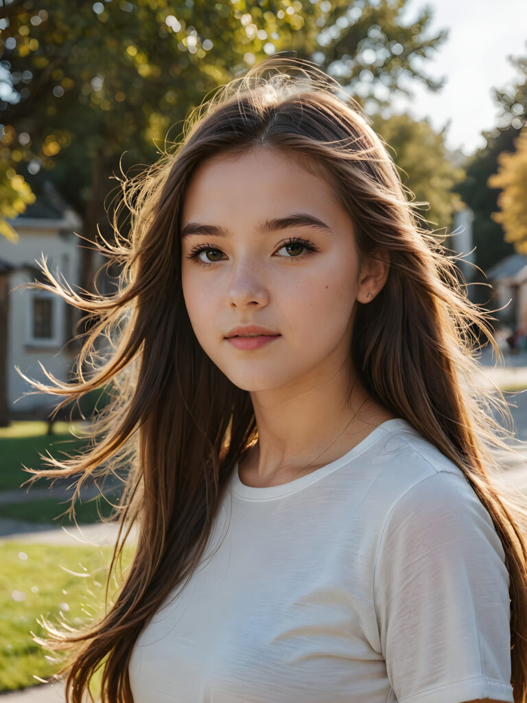 a cute teen girl, long straight hair blowing in the wind, perfect shadows and contrasts support the image