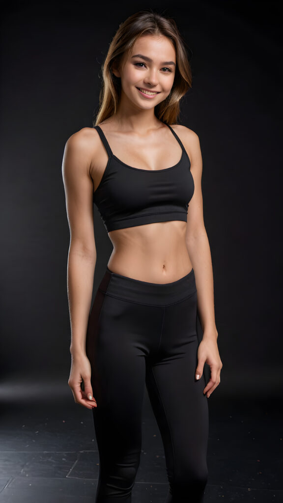 a cute teen girl, perfect realistic curved body, ((babe)), ((gorgeous)), ((stunning)), ((slender)), ((fit body)), (((low-cut) fitness crop top)), ((legging pants)), smile very happy, ((perfect photo)) ((empty dark background))