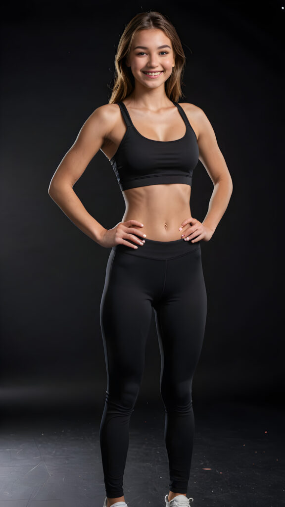 a cute teen girl, perfect realistic curved body, ((babe)), ((gorgeous)), ((stunning)), ((slender)), ((fit body)), (((low-cut) fitness crop top)), ((legging pants)), smile very happy, ((perfect photo)) ((empty dark background))