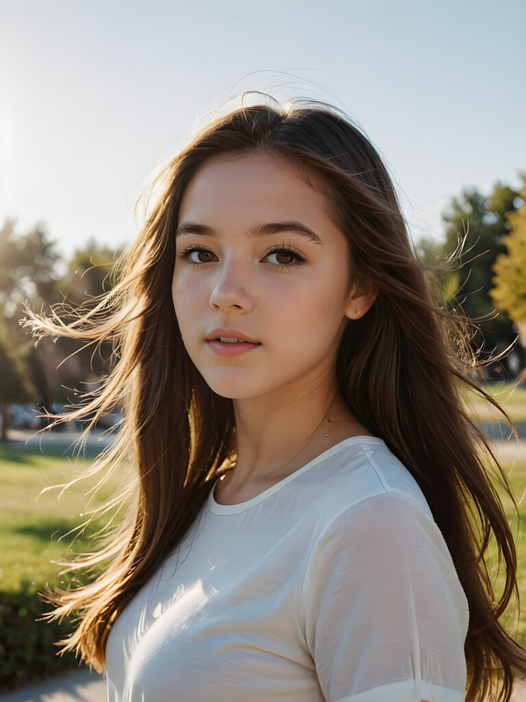 a cute teen girl, long straight hair blowing in the wind, perfect shadows and contrasts support the image