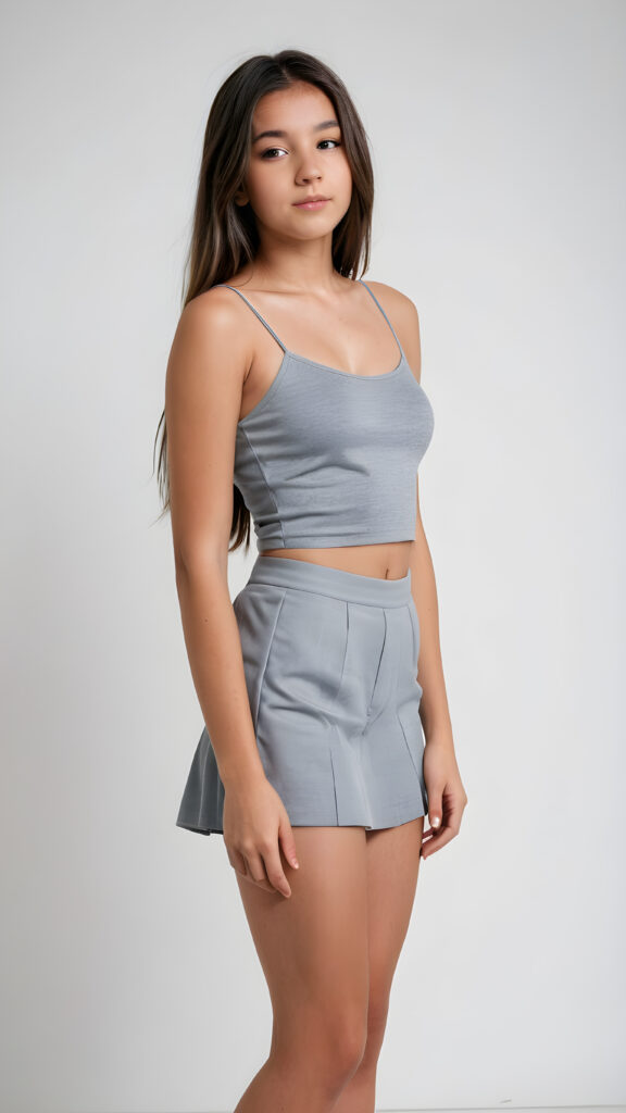 a cute (((teenage girl))) aged 14, dressed in (((plain short cropped grey spaghetti tank top))), round short blue mini skirt, with luxuriously long, straight hair, posed elegantly against a pristine (((white backdrop))) ((side view)) ((you can see her navel))