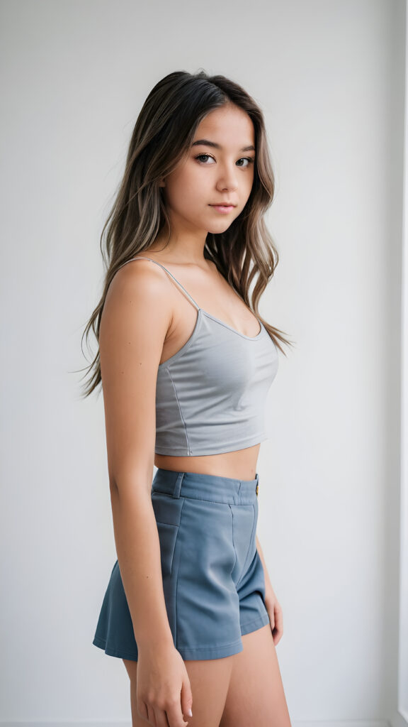 a cute (((teenage girl))) aged 14, dressed in (((plain short cropped grey spaghetti tank top))), round short blue mini skirt, with luxuriously long, straight hair, posed elegantly against a pristine (((white backdrop))) ((side view)) ((you can see her navel))