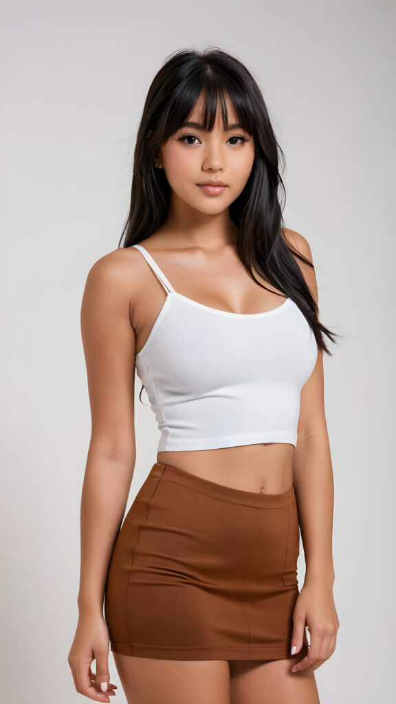 a (((cute young busty Exotic tanned teenage girl))), with long, straight, thick, wavy, jet, shiny black hair, bangs cut frame her face, wearing a (((high cut, tight, spaghetti tank top))), and ((short, round, high-cut, thigh-high mini skirt)), posing perfect, accentuating her ((navel)) and (soft, youthful thighs) ((full body view)) ((white backdrop))