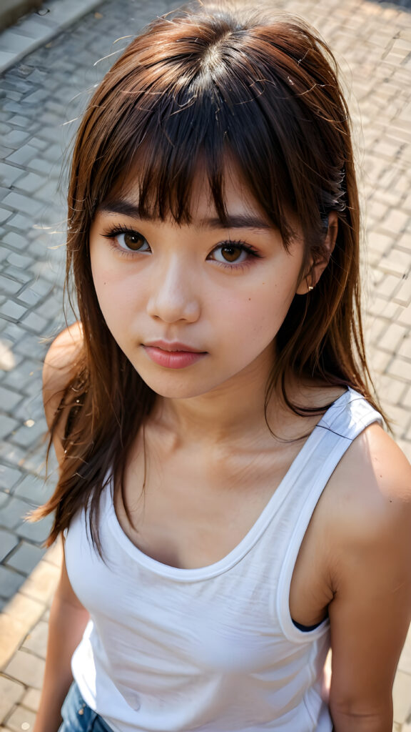 a cute young Asian (((teen girl)) filmed from above, tank top, long straight brown hair with bangs, amber eyes, full lips