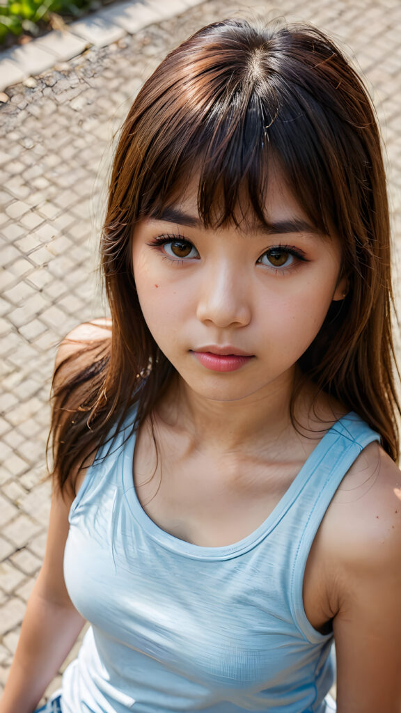 a cute young Asian (((teen girl)) filmed from above, tank top, long straight brown hair with bangs, amber eyes, full lips