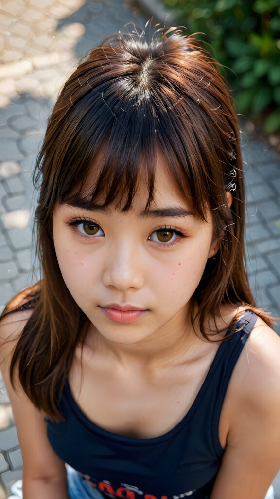 a cute young Asian (((teen girl)) filmed from above, tank top, long straight brown hair with bangs, amber eyes, full lips