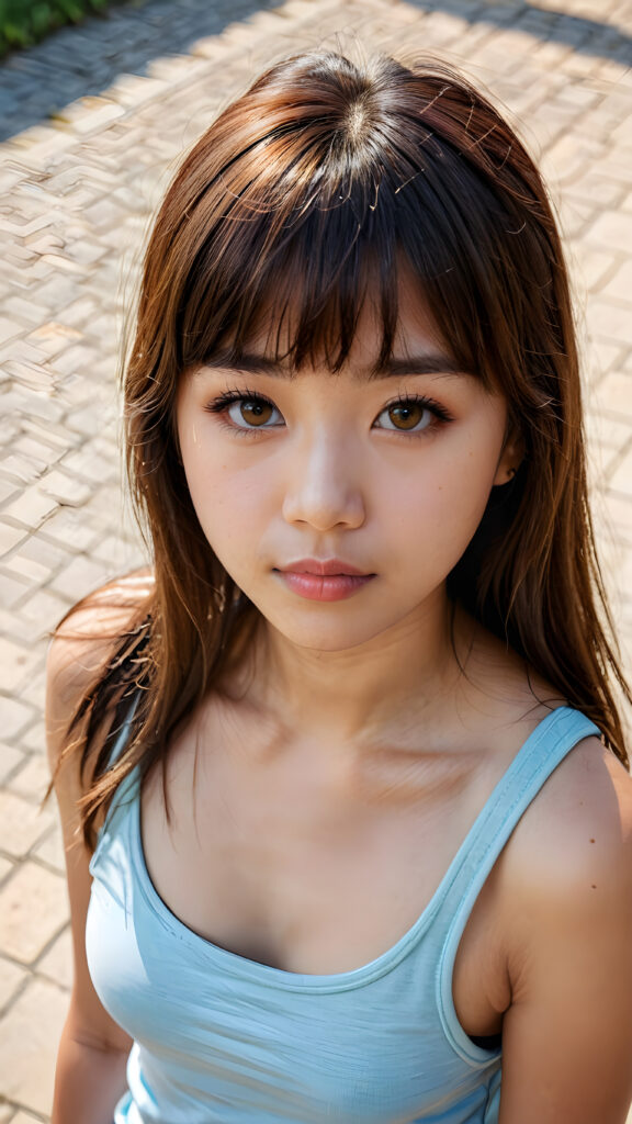 a cute young Asian (((teen girl)) filmed from above, tank top, long straight brown hair with bangs, amber eyes, full lips