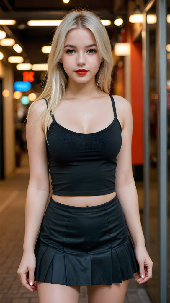 a cute young busty teenage girl, 16, with long straight platinum blond hair. She has full, red lips and wears a (black, tight spaghetti tank top which perfectly emphasizes her perfect curved body), ((super short round mini skirt)), accentuating her ((navel)) and (soft, youthful thighs) ((full body view))