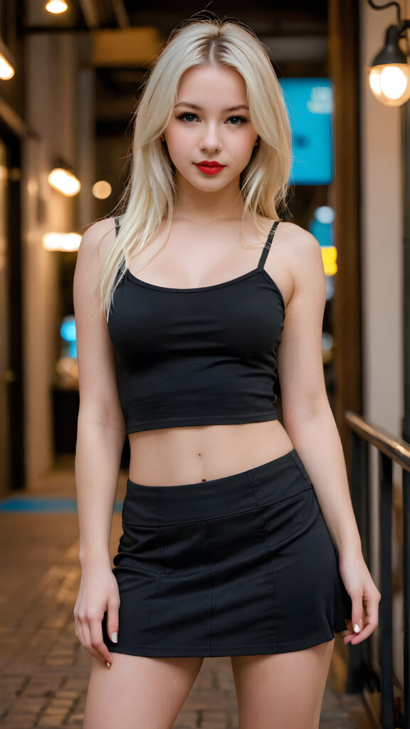 a cute young busty teenage girl, 16, with long straight platinum blond hair. She has full, red lips and wears a (black, tight spaghetti tank top which perfectly emphasizes her perfect curved body), ((super short round mini skirt)), accentuating her ((navel)) and (soft, youthful thighs) ((full body view))