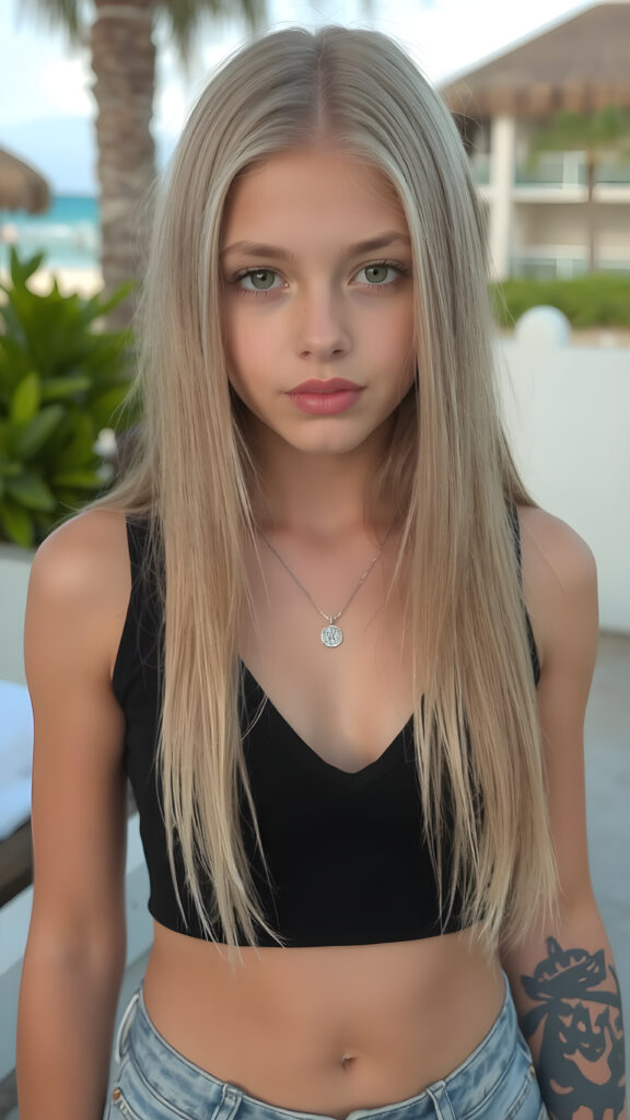 a (((cute young teenage girl))), with long, straight, ((blond hair)), and a (((black, tight, deep v-neck tank top))), ((red, full lips)), ((brown eyes)), and a (((tattoo))), all set against a backdrop of a (beach resort)