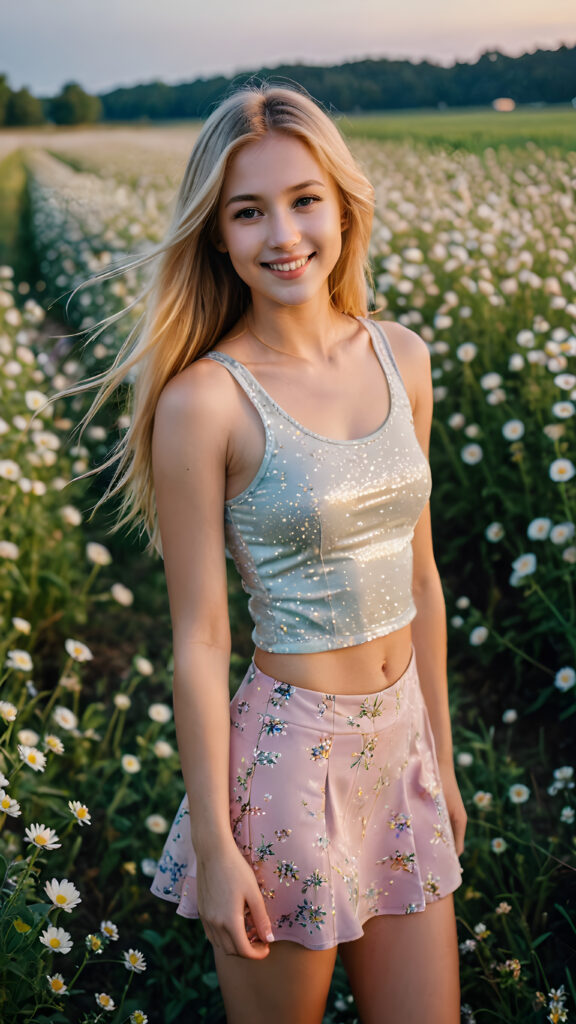 a cute young girl with long flowing straight soft gold hair, wearing a pastel cropped tank top, miniskirt, in a field of flowers. She has a sweet smile on her face, the scene is set at night. The sky is glowing in the moonlight. The image is cute.