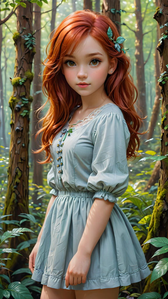 a cute young girl with red hair posed in a enchanted forest