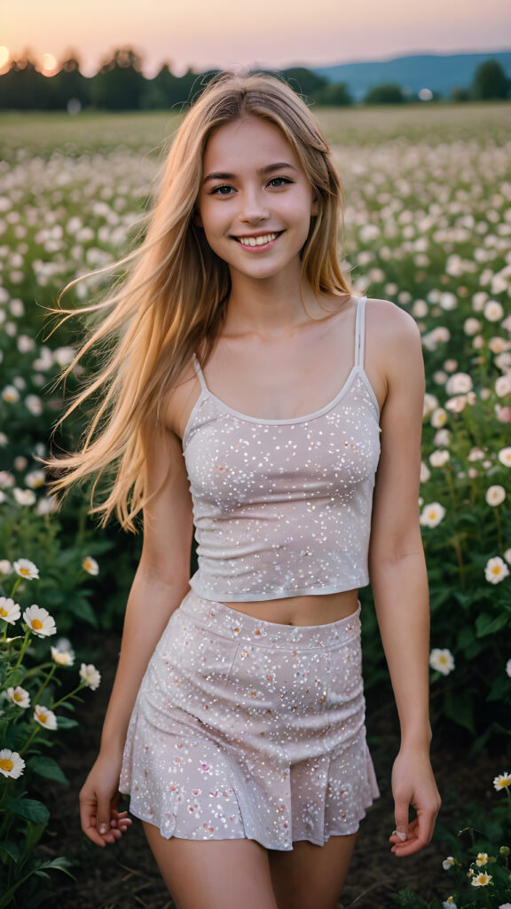 a cute young girl with long flowing straight soft gold hair, wearing a pastel cropped tank top, miniskirt, in a field of flowers. She has a sweet smile on her face, the scene is set at night. The sky is glowing in the moonlight. The image is cute.