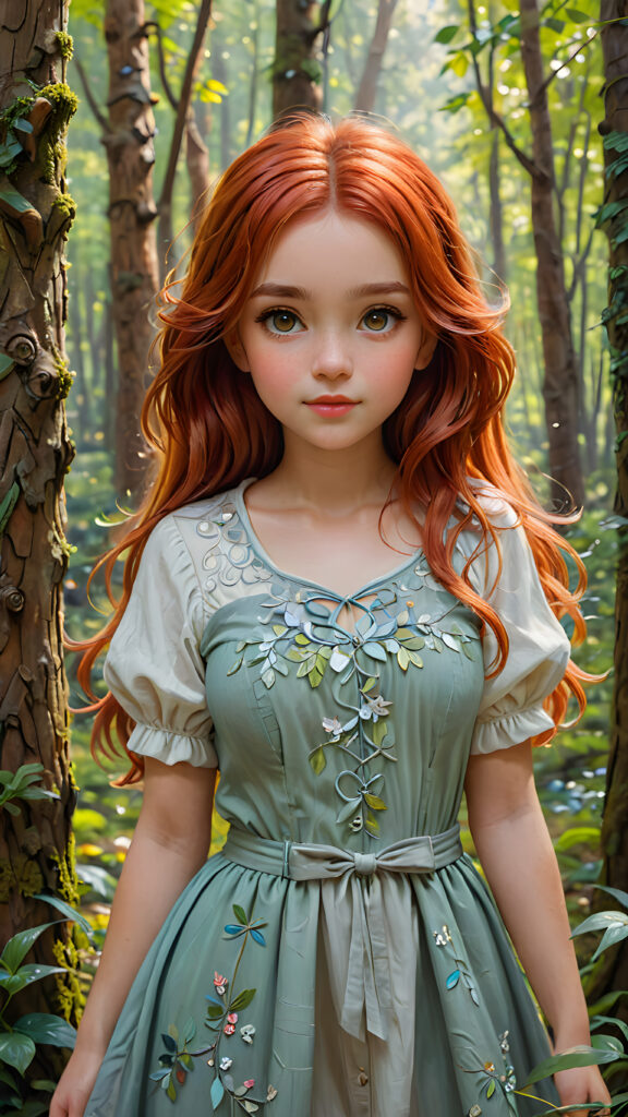 a cute young girl with red hair posed in a enchanted forest