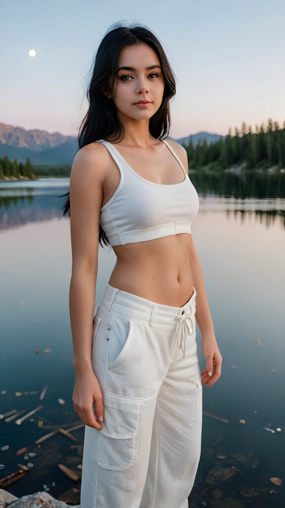 a cute young busty girl with long jet black hair and big shiny blue eyes, accentuating her (((navel))) with a (white tank top) made of fine wool, wide, baggy white pants, cut to frame her shape, standing in a (beautiful lake) with a (dimmed, detailed, natural light) backdrop, framed by the (melting moon)