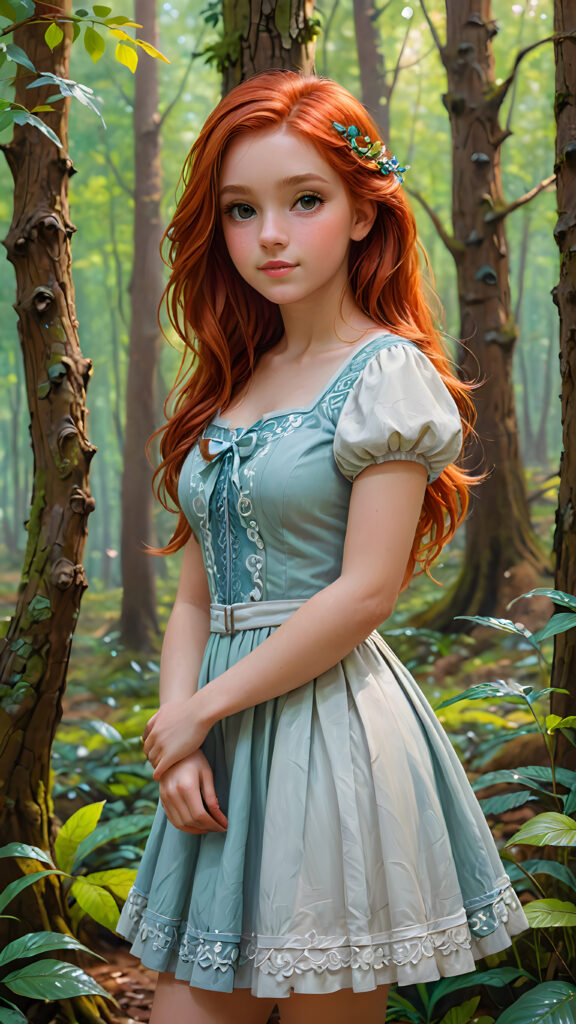 a cute young girl with red hair posed in a enchanted forest