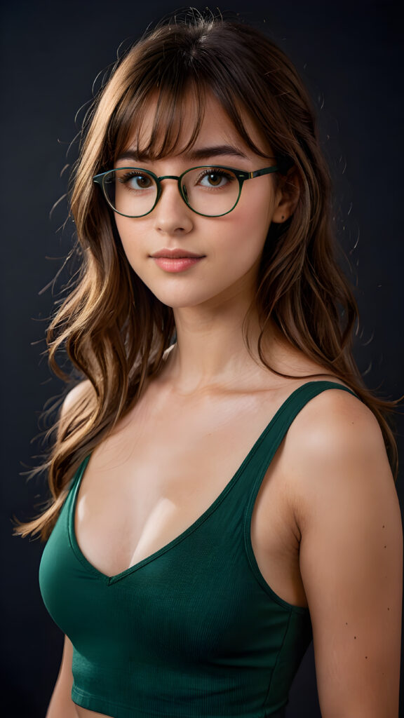 a cute young nerd girl with long, brown shoulder-length jet soft flowing hair, wearing a large, dark green prescription glasses. She has bangs that are parted to the side. Her eyes are dark brown. She wears a short form-fitting cropped green tank top with deep v-neck that support and emphasizes her perfect body, ((dark background)) ((gorgeous)) ((stunning)) ((perfect portrait))