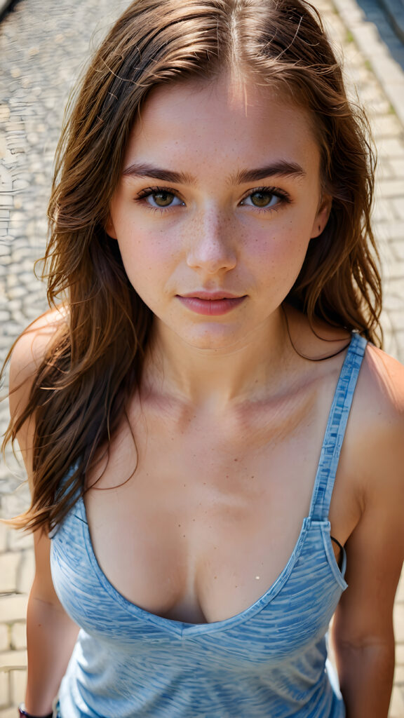 a cute young teen girl filmed from above, tank top with deep v-neck, long hair