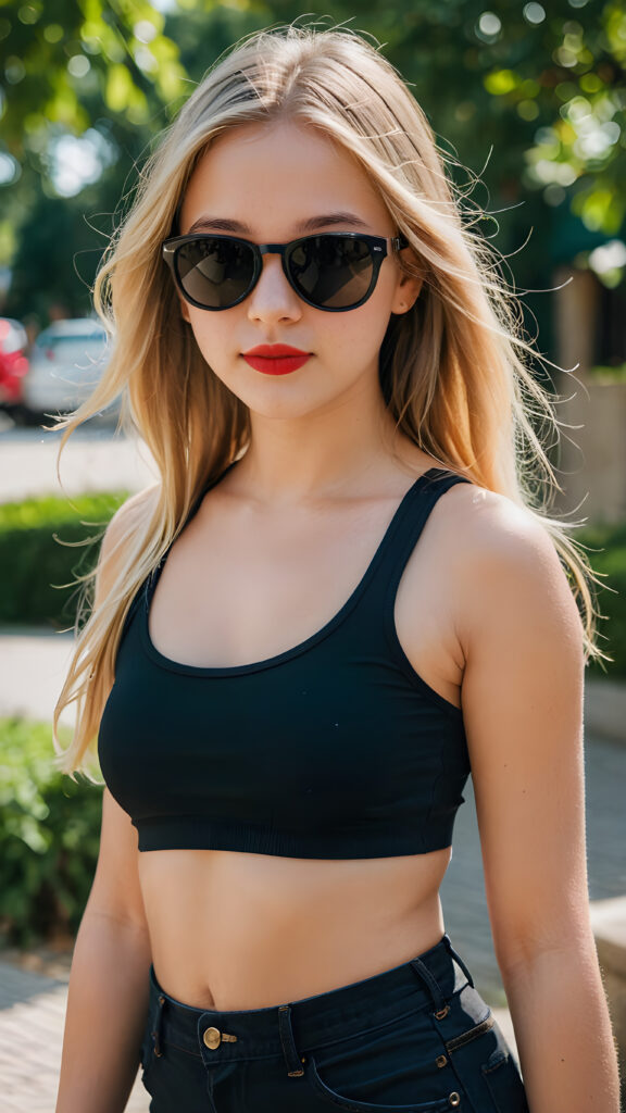 a cute young teenage girl with long straight blond hair wears sunglasses. She has full, red lips and wears a black, tight tank top which perfectly emphasizes her perfect body, accentuating her ((navel)) and (soft, youthful thighs)