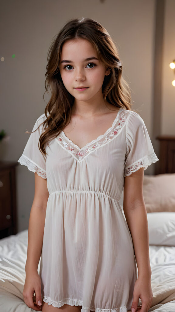 a cute young teenage girl, detailed brown hair, (viewed from front), perfect anatomy, wear only a thin nightgown