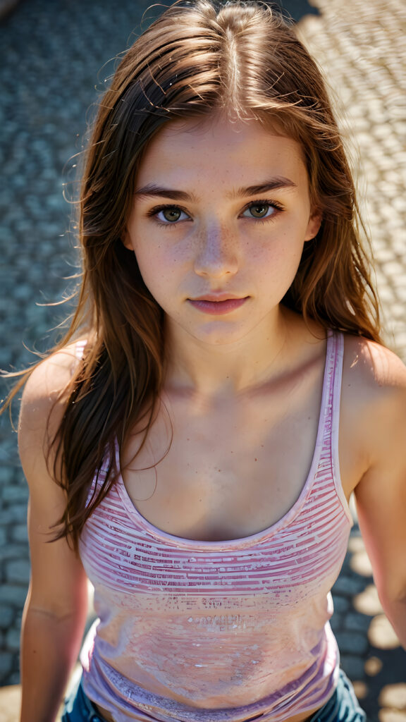 a cute young teen girl filmed from above, tank top, long hair