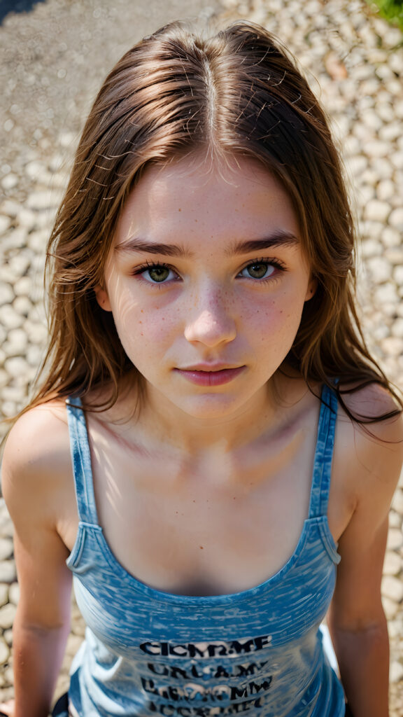 a cute young teen girl filmed from above, tank top, long hair