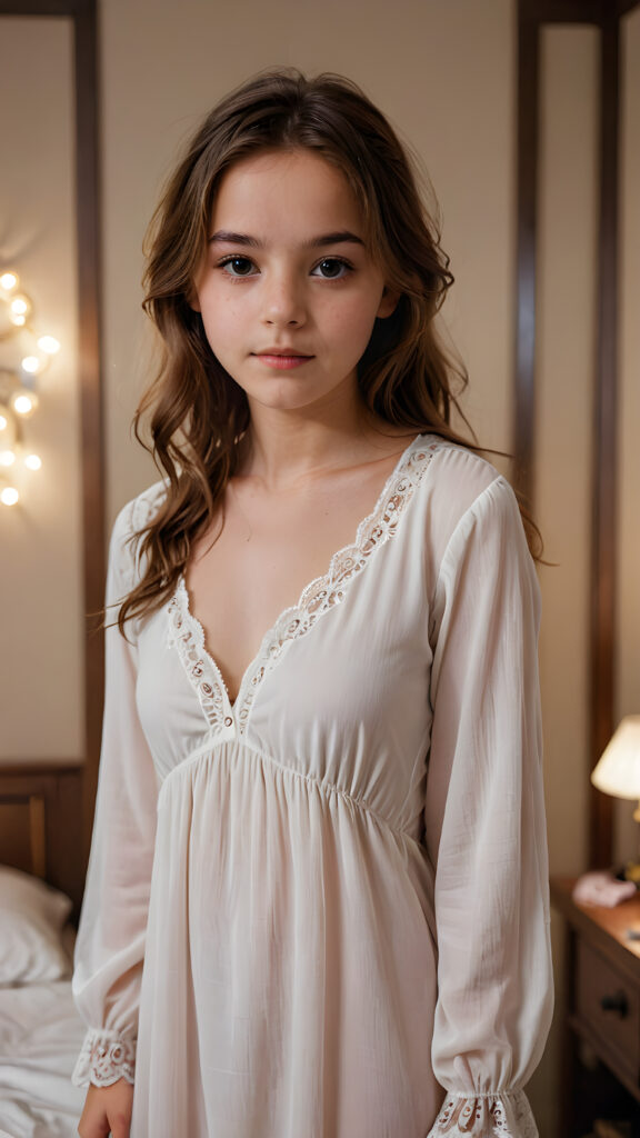 a cute young teenage girl, detailed brown hair, (viewed from front), perfect anatomy, wear only a thin nightgown