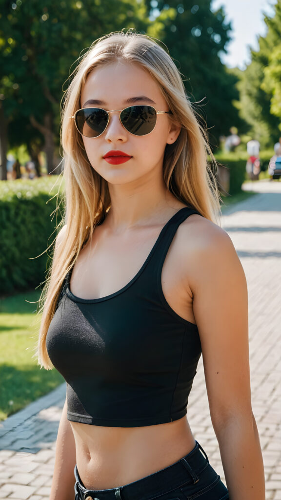 a cute young teenage girl with long straight blond hair wears sunglasses. She has full, red lips and wears a black, tight tank top which perfectly emphasizes her perfect body, accentuating her ((navel)) and (soft, youthful thighs)