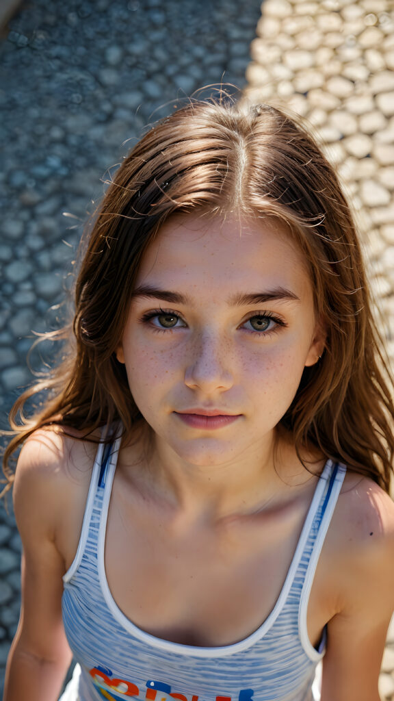 a cute young teen girl filmed from above, tank top, long hair