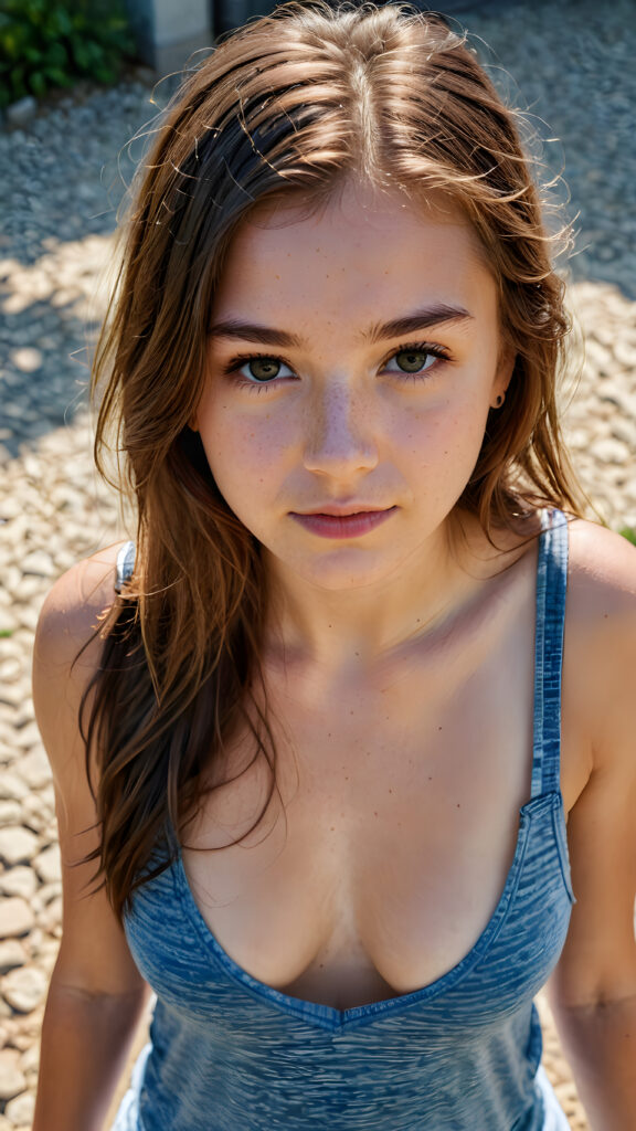 a cute young teen girl filmed from above, tank top with deep v-neck, long hair