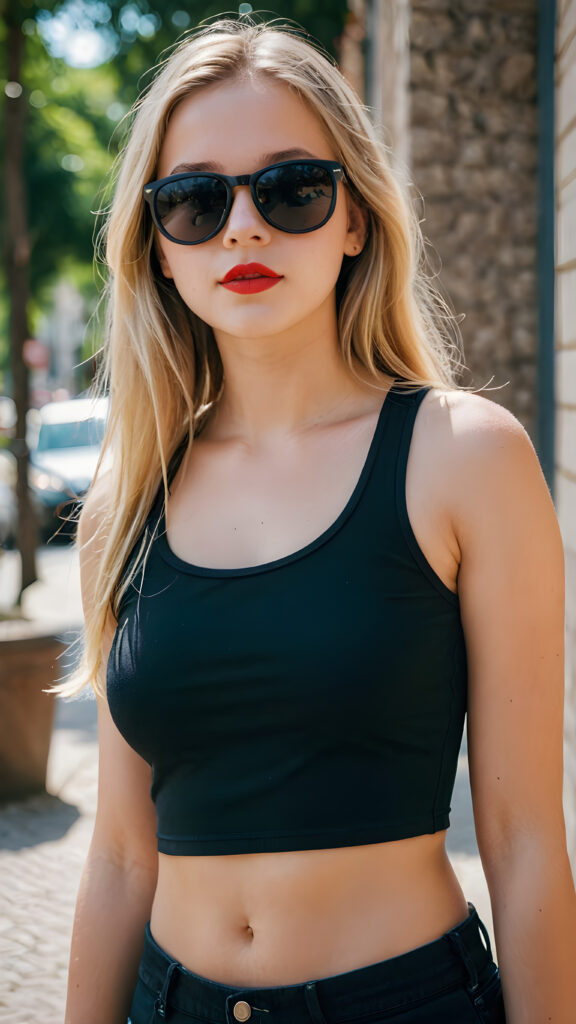 a cute young teenage girl with long straight blond hair wears sunglasses. She has full, red lips and wears a black, tight tank top which perfectly emphasizes her perfect body, accentuating her ((navel)) and (soft, youthful thighs)