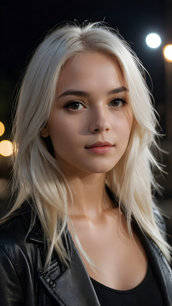 a cute young woman, platinum white straight hair, night, looks at viewer and dim light falls on her face, dark background. cinematic light, perfect shadow, ((side view portrait))