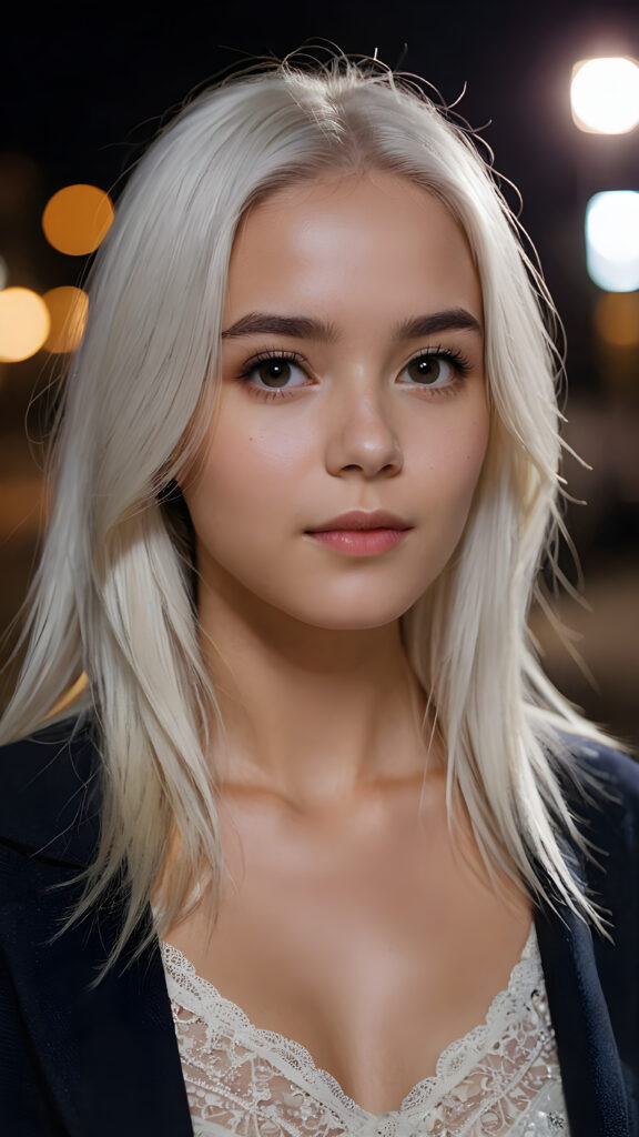 a cute young woman, platinum white straight hair, night, looks at viewer and dim light falls on her face, dark background. cinematic light, perfect shadow, ((side view portrait))