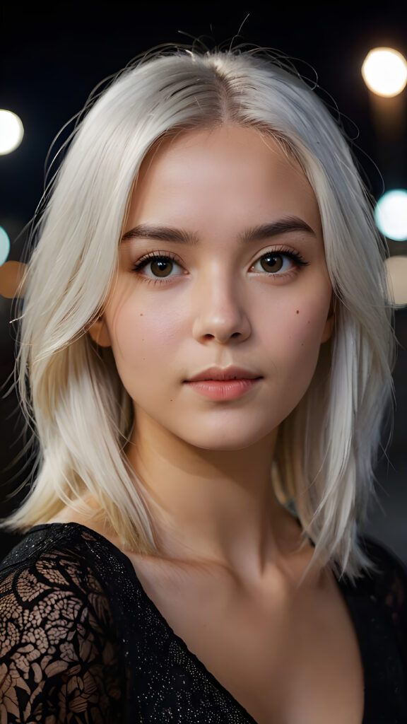 a cute young woman, platinum white straight hair, night, looks at viewer and dim light falls on her face, dark background. cinematic light, perfect shadow, ((side view portrait))