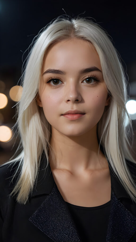 a cute young woman, platinum white straight hair, night, looks at viewer and dim light falls on her face, dark background. cinematic light, perfect shadow, ((side view portrait))