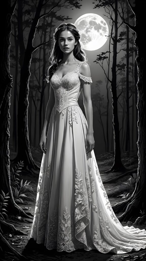 a dark thin dressed teen bride at night in a mysterious forest. Weak moonlight light falls into the picture. Perfect shadows and contrasts support the image. ((detailed))