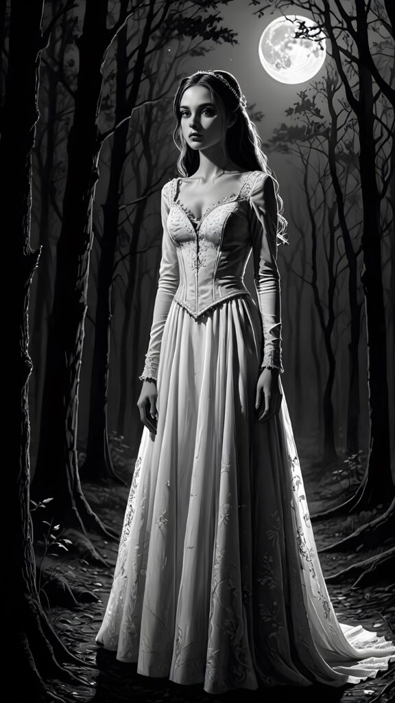 a dark thin dressed teen bride at night in a mysterious forest. Weak moonlight light falls into the picture. Perfect shadows and contrasts support the image. ((detailed))