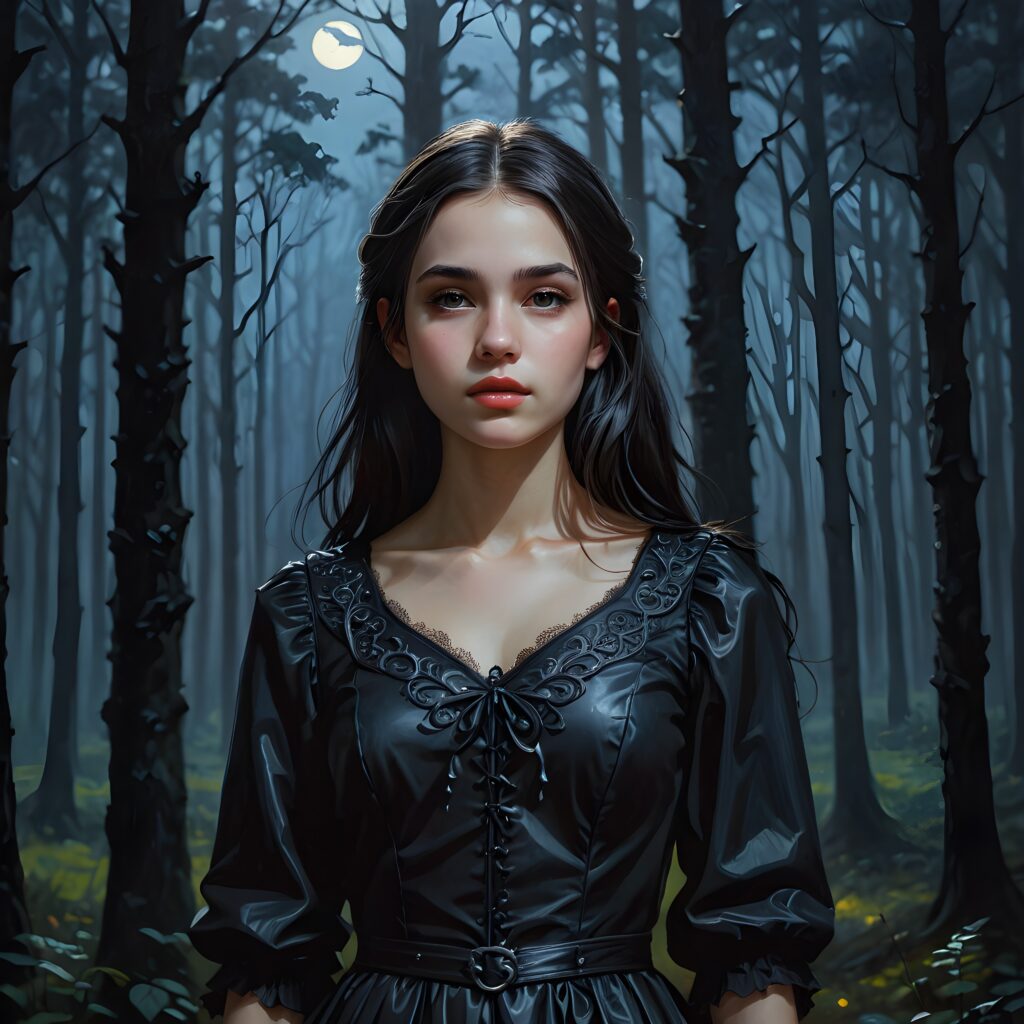 a dark thin dressed gothic teen girl at night in a mysterious forest. Weak moonlight light falls into the picture. Perfect shadows and contrasts support the image. ((detailed photo))