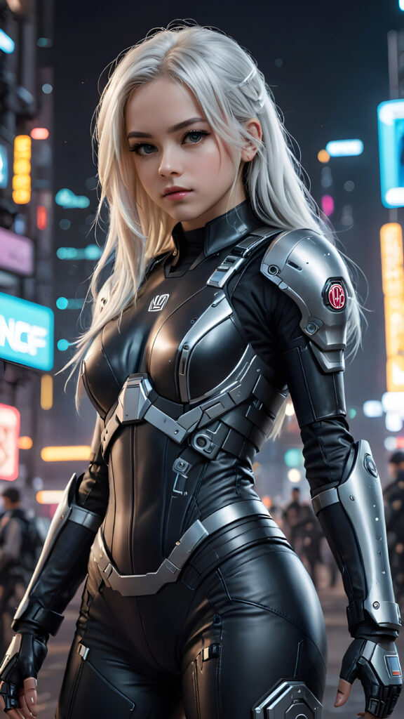 a dark young teen girl in a battle suit, in cyber punk style, she has long straight white hair, full body shot, detailed pencil draw