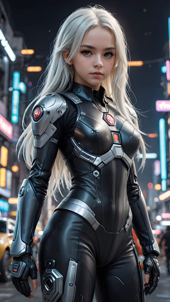 a dark young teen girl in a battle suit, in cyber punk style, she has long straight white hair, full body shot, detailed pencil draw