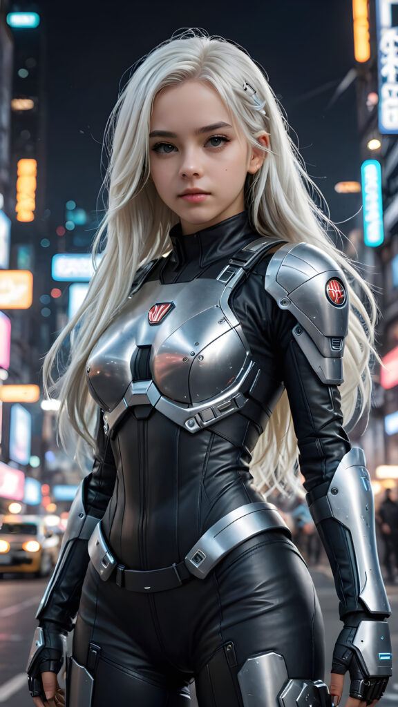 a dark young teen girl in a battle suit, in cyber punk style, she has long straight white hair, full body shot, detailed pencil draw