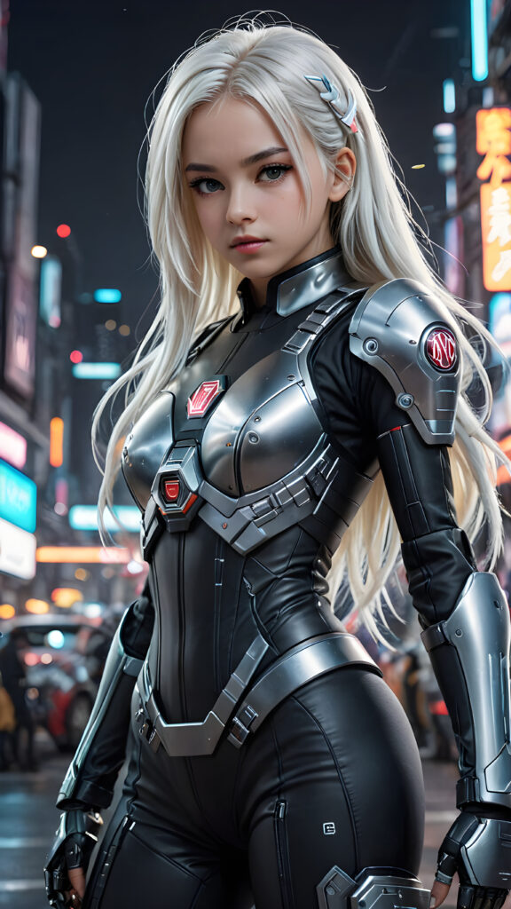 a dark young teen girl in a battle suit, in cyber punk style, she has long straight white hair, full body shot, detailed pencil draw