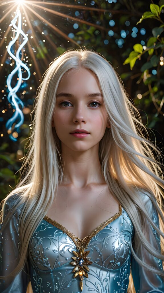 a (((detailed and realistic portrait))), featuring a (((beautiful teen girl with extremely long straight white hair))), emanating a (((glowing, ethereal light))), indicative of (magical abilities). Her features are (((sharp and clear))), with (realistic proportions) and (hyper-detailed, intricate patterns). The scene is (well lit) and (natural), with (bioluminescent details) that give off a sense of (otherworldly mystery) and fantasy that defies the ordinary