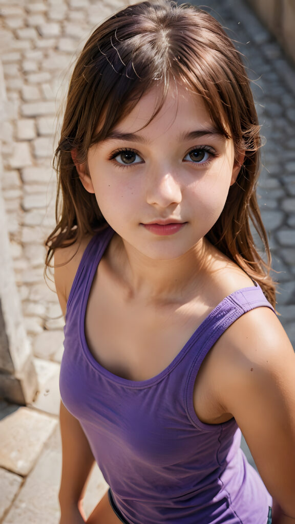 a (((detailed and perfect portrait))) of a (((beautiful young cute girl, perfect curved fit body))), 13 years old, with long, straight, thick, untucked, natural light brown hair, bangs cut, wearing a ((purple super short tank top)), ((view from above))