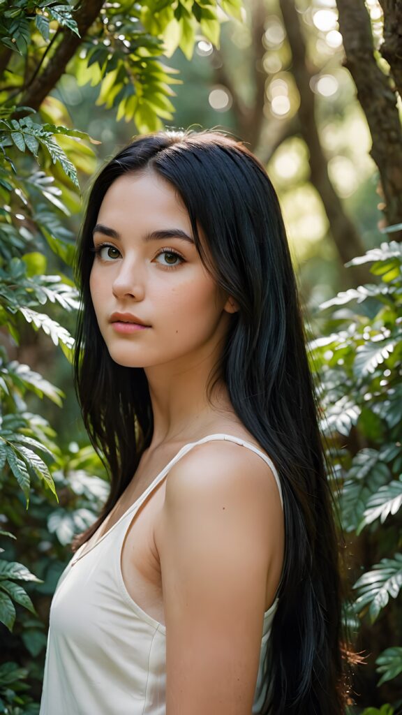 a (((detailed and realistic portrait))), capturing the essence of a (((beautiful young teen girl))) with long, flowing, (((straight black hair))), poised in a (side profile) gaze towards the viewer, framed by an ethereal backdrop of a verdant (cypress hedge), against a softly diffused (dim light), wearing a (tank top) in a (warm, inviting tone). Her facial features exude an otherworldly radiance, with (porcelain skin) and a (perfectly circular face) featuring (gently arched eyebrows) and a (dark, piercing point) above her (serene expression), all set against a (backdrop of a leafy, lush environment) that gives off a (magical, almost surreal vibe)