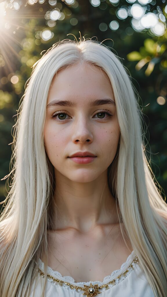 a (((detailed and realistic portrait))), featuring a (((beautiful teen girl with extremely long straight white hair))), with a gently diffused glow that casts, an ethereal halo around her form, illustrating a sense of (otherworldly mystery) and fantasy that defies the ordinary