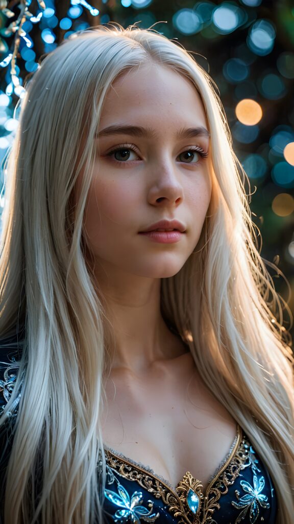 a (((detailed and realistic portrait))), featuring a (((beautiful teen girl with extremely long straight white hair))), emanating a (((glowing, ethereal light))), indicative of (magical abilities). Her features are (((sharp and clear))), with (realistic proportions) and (hyper-detailed, intricate patterns). The scene is (well lit) and (natural), with (bioluminescent details) that give off a sense of (otherworldly mystery) and fantasy that defies the ordinary